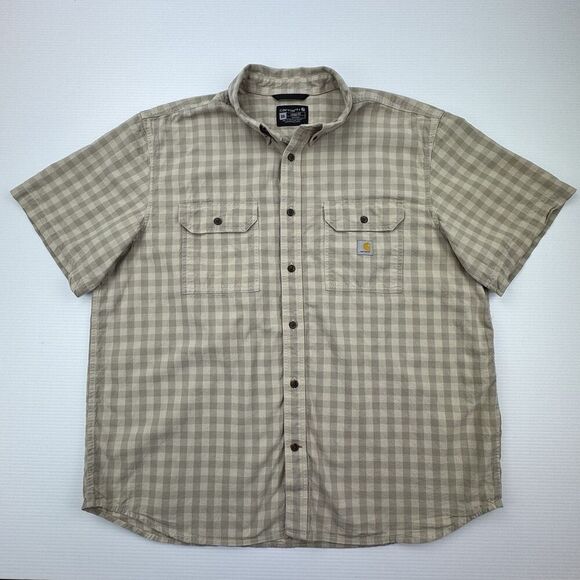 Carhartt Men’s 2XL Loose Fit Plaid Short Sleeve Button Up Work Shirt Tan Cotton - Picture 3 of 8